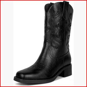 Mid Calf Western Boots Slip On Square Toe Low Heel Embroidery